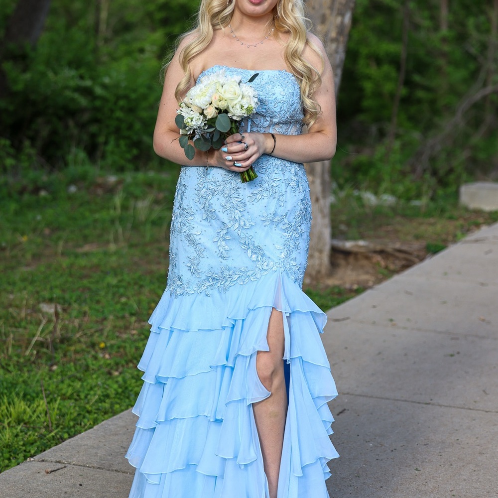 Chic Strapless Light Blue Gown with Ruffles